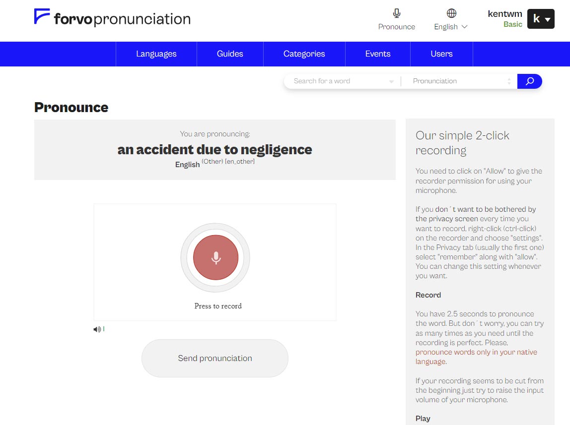 pronouncewordforvo Screenshot of the Forvo interface depicting a user recording and submitting a pronunciation for a word or phrase, with a microphone icon, recording controls, and a submission button for uploading the audio