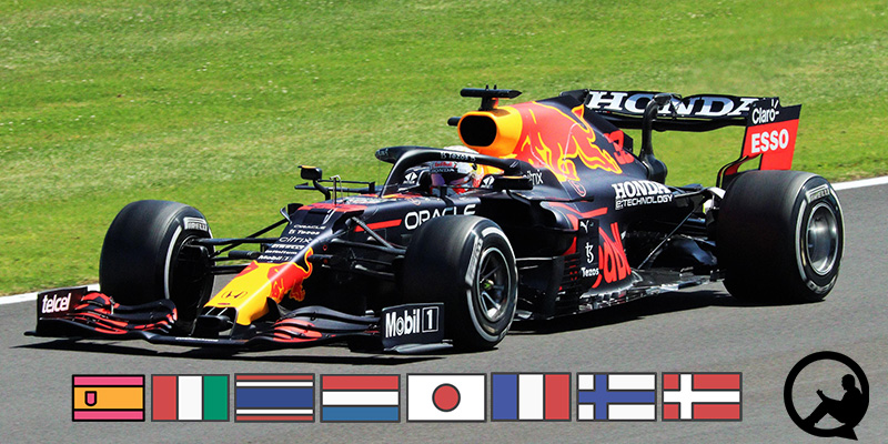 formula one car with various flags representing languages f1 drivers speak