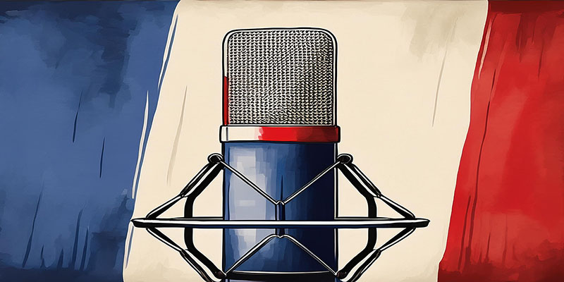 Wide banner featuring the French flag with podcast elements, including a microphone