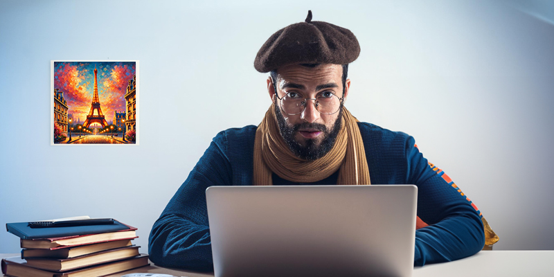 Man wearing a beret sitting behind a computer, with a painting of the Eiffel Tower hanging on the wall behind him. Featured image for a blog post exploring the challenges of learning French